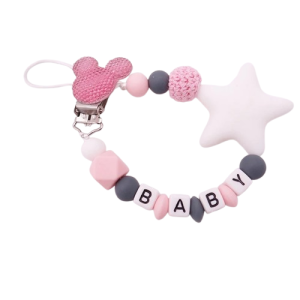 Attache tétine prénom en silicone mickey et étoile rose clair