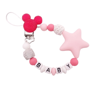 Attache tétine prénom en silicone mickey et étoile rose