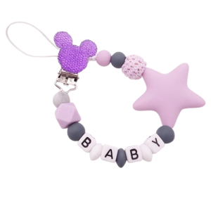 Attache tétine prénom en silicone mickey et étoile violet
