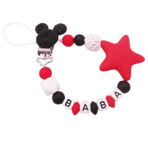 Attache tétine prénom en silicone mickey et étoile rouge