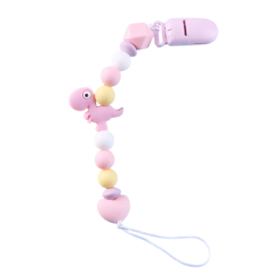 Attache tétine dinosaure en silicone rose