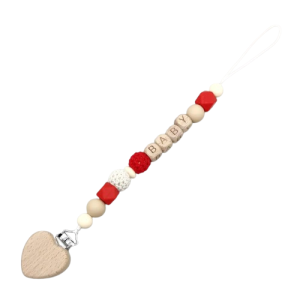 Attache tétine prénom coeur en bois rouge