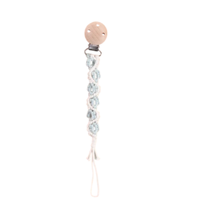 Attache tétine en macramé fleur bleu ciel et beige