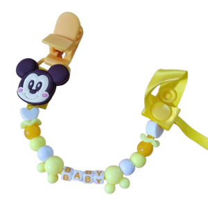 Attache tétine prénom en silicone mickey jaune