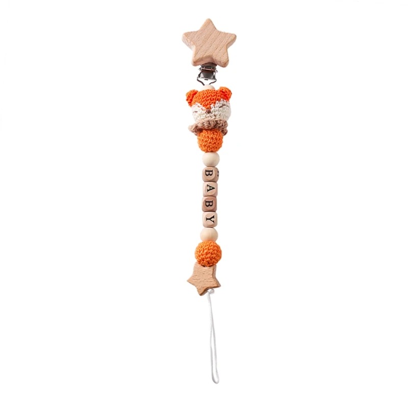 Attache tétine prénom renard en crochet et bois Attache tétine prénom renard en crochet et bois